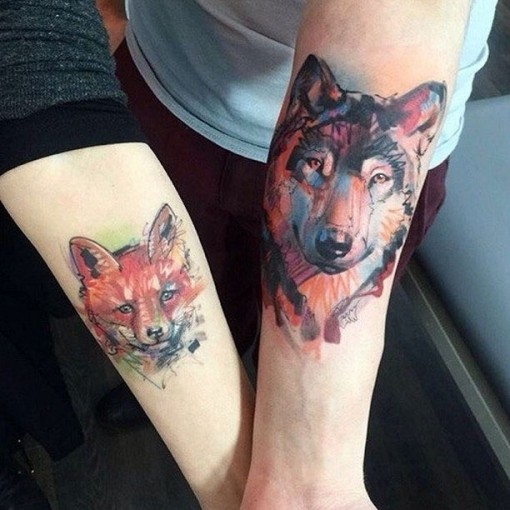 watercolor wolf and fox tattoo for couples