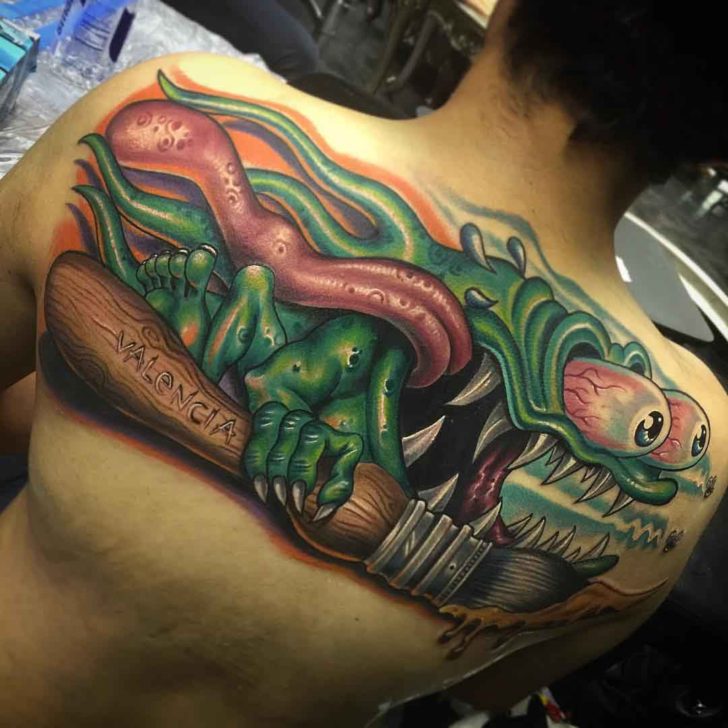 New School Tattoo on Upper Back | Best Tattoo Ideas Gallery