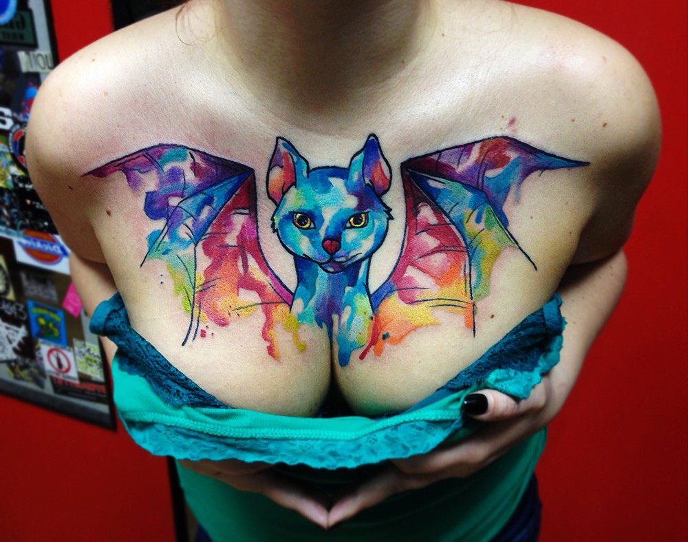 Breast Cat-Bat tattoo