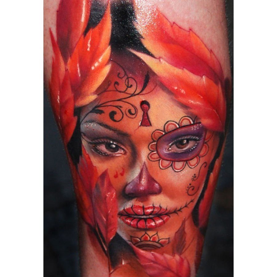 Chicano Autumn Girl realistic tattoo