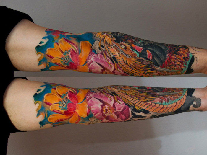 Turtle and lotus flower tattoo by George Bardadim
