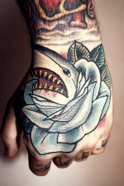 Primitive Blue Rose Shark Attack Tattoo
