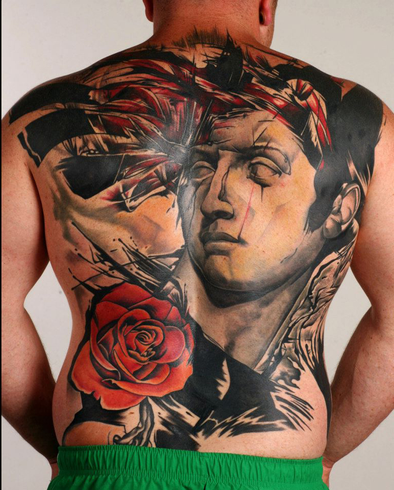 Apollo Statue Trash Polka tattoo on Back