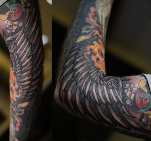 Black Feather Wing on Elbow tattoo sleeve