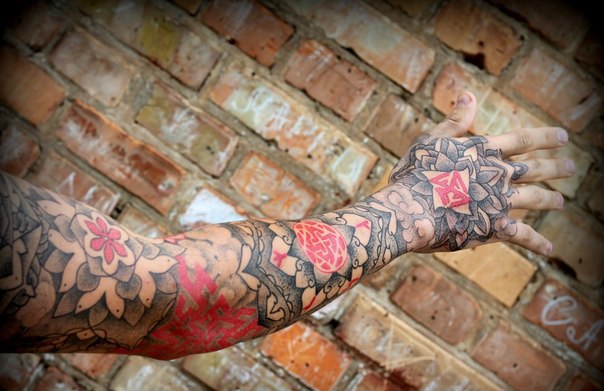 Black and Red Mandala Dotwork tattoo sleeve