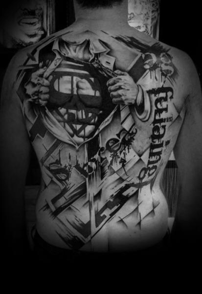 Black and White Superman Trash Poolka tatoo by Westfall Tattoo