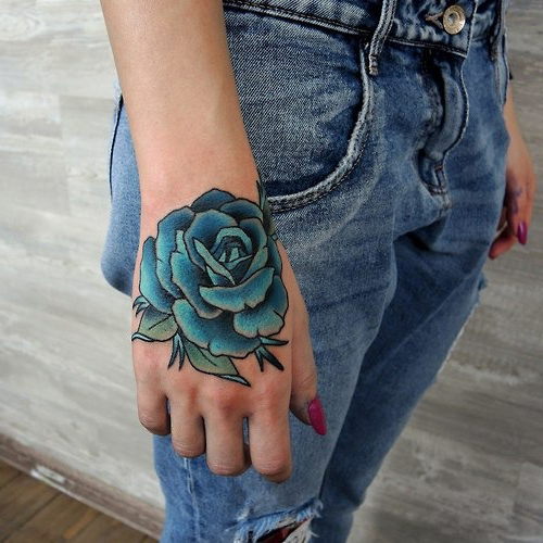Blue Rose Flower Tattoo on the Back of Hand