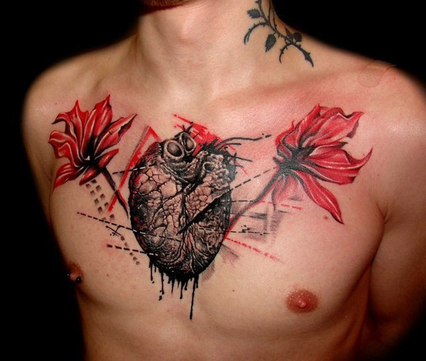 Chest Poppy Heart Trash Polka tattoo