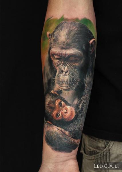 Chimp Mom and Kid Realistic tattoo by Led Coult