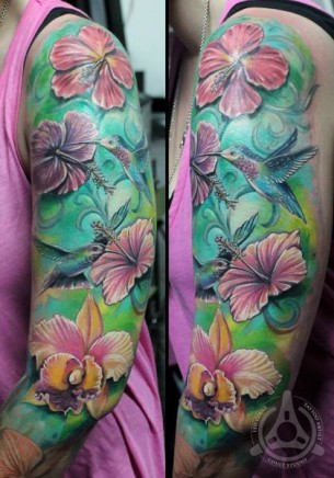 Colibri in Pink Flowers Realistic tattoo by Led Coult - Best Tattoo ...