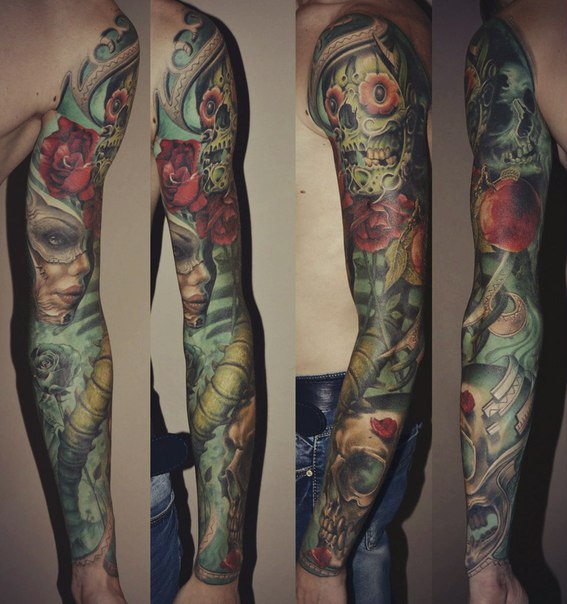 Color Realistic Chicano tattoo sleeve