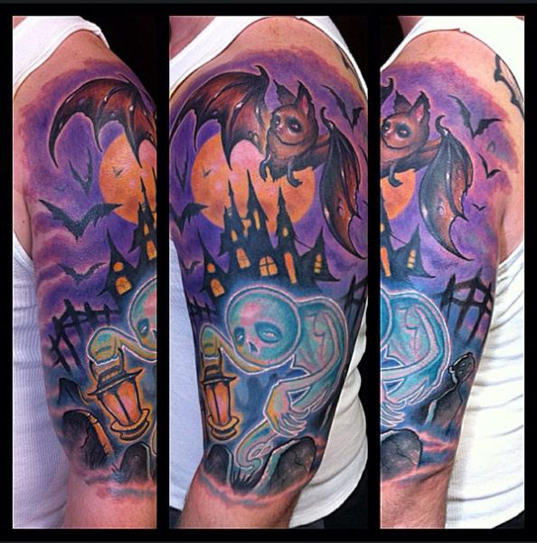 Exhausted Dark Forces Bat and Ghost tattoo by The Art of London