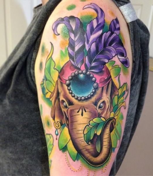 Feather Head Elephant New School tattoo by Marked For Life