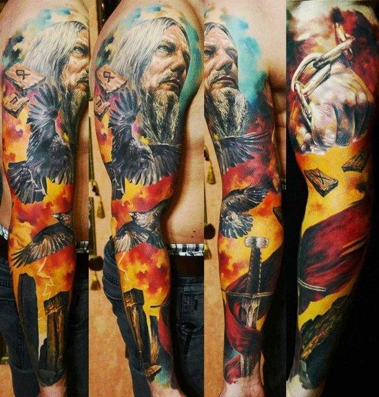 Fire Sky Warrior Scandinavian tattoo sleeve