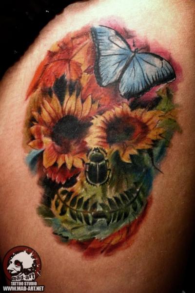 Flower Scull and Butterfly tattoo by Mad-art Tattoo