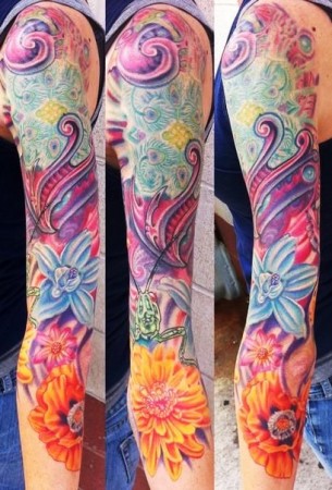 Flowers and Green Grasshopper tattoo sleeve - Best Tattoo Ideas Gallery