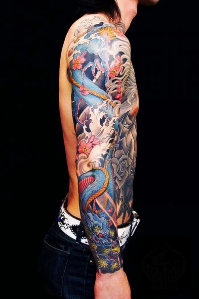 Tattoo with dragon and snake and japanese wallpaper on Craiyon