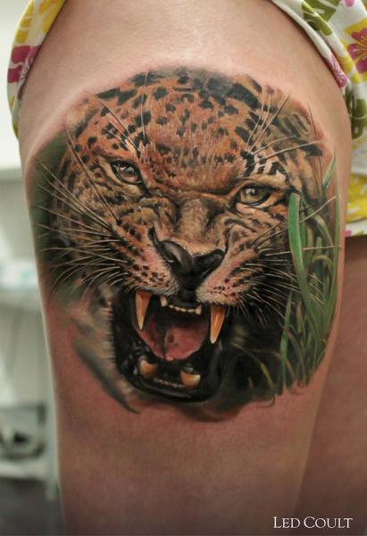 Leopard in Grass Realistic tattoo by Led Coult