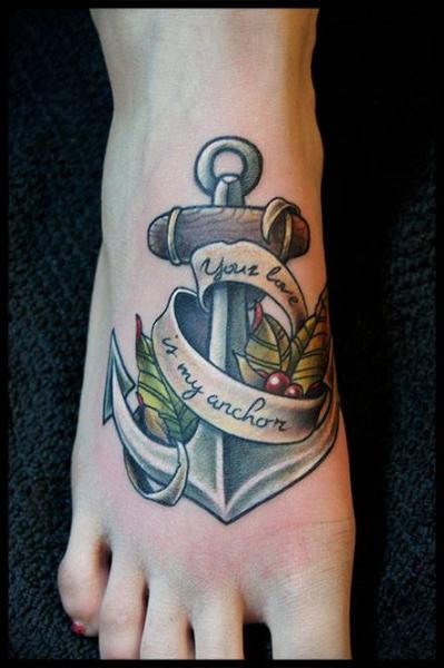 Lettering Anchor Foot tattoo by White Rabbit Tattoo