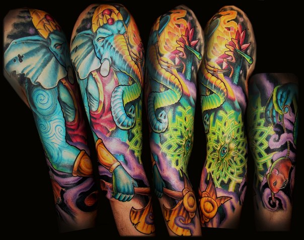 Moncarch Ganesh With Axe and Mouse tattoo sleeve