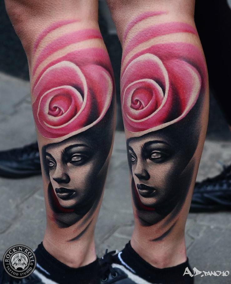 Pink Rose Head tattoo by AD Pancho