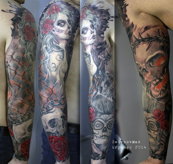 Realistic Chicano Scull and Girls tattoo sleeve