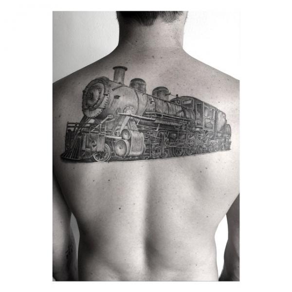 Realistic Locomotive tattoo on Back by Dr Woo