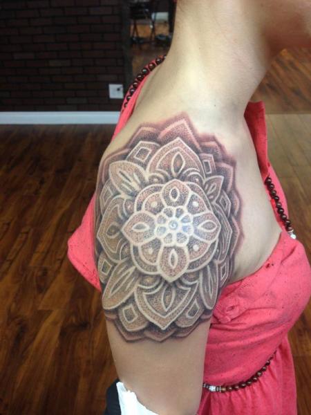 Shoulder Girl Mandala Dotwork tattoo by Anthony Ortega