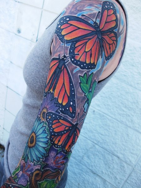 Simple Red Wings Butterflies tattoo sleeve