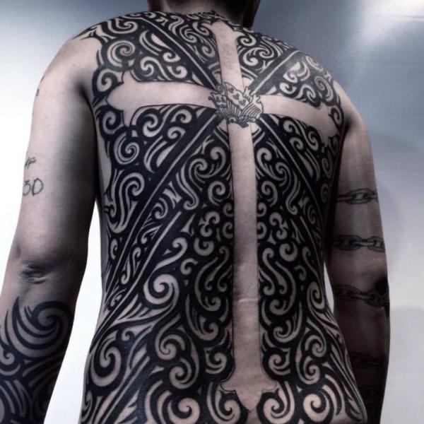 White Crusifix Waves Nautical Blacwork tattoo by Chopstick Tattoo