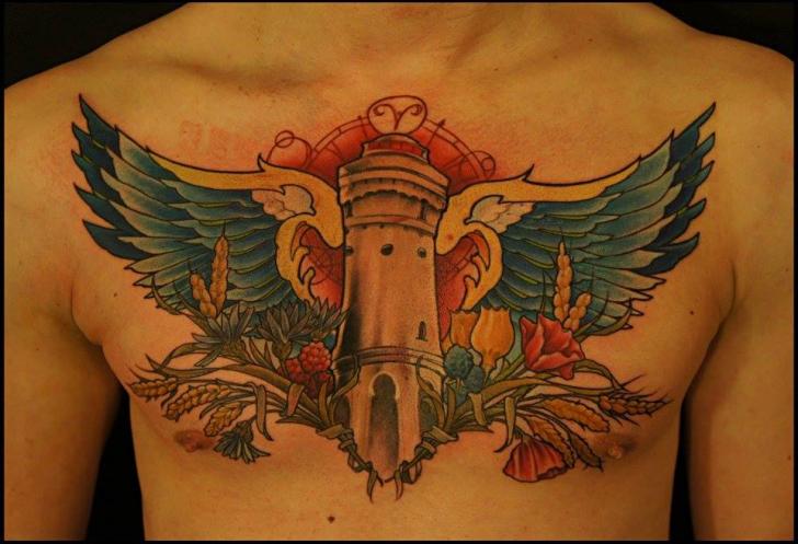 Wing Beacon Chest tattoo by White Rabbit Tattoo