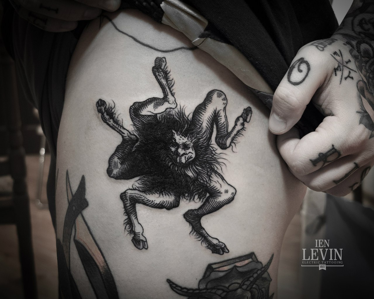 All Sides Legs Goblin Monster Dotwork tattoo by Ien Levin