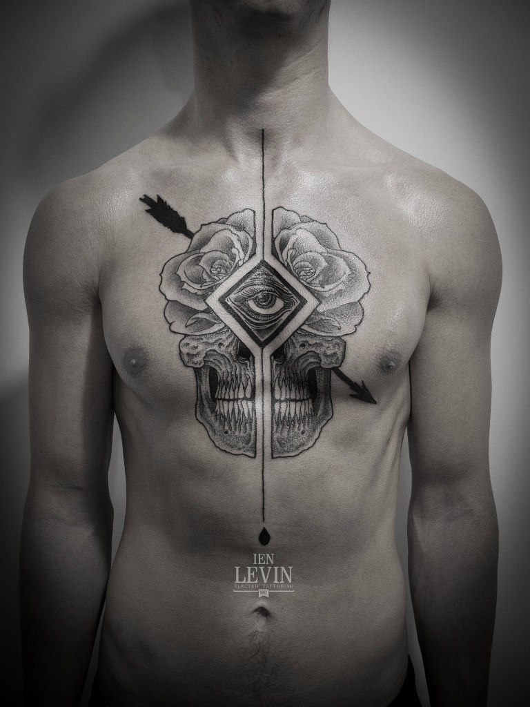Arrow Cracked Rose Scull Dotwork tattoo by Ien Levin