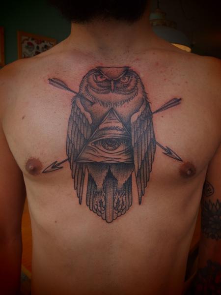 Arrow Shot Eye of Providence Owl Dotwork tattoo by Papanatos Tattoos