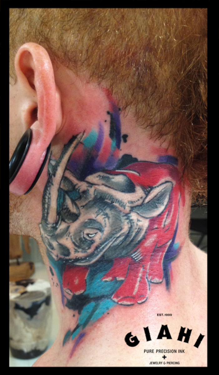 Behind Ear Rhino tattoo by Live Two