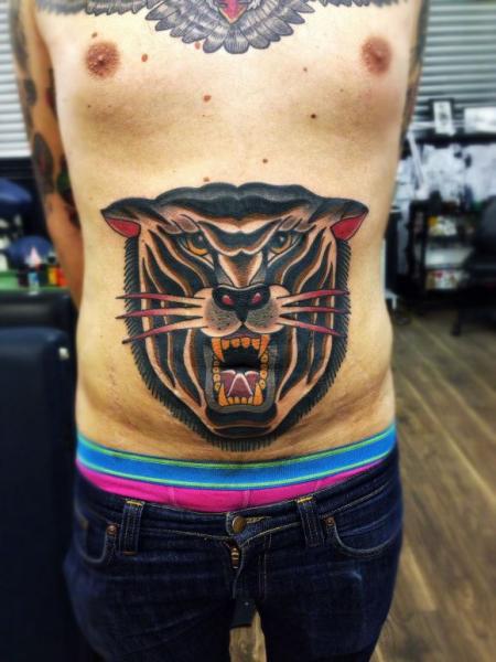 Belly Button Tiger Old School tattoo by Matt Cooley