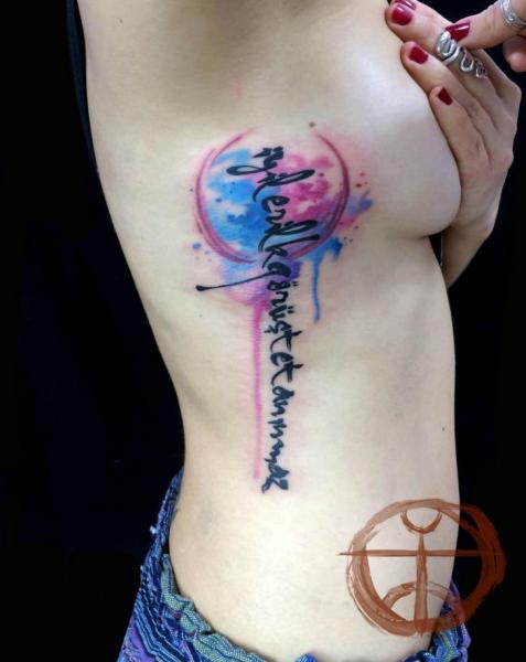 Belly Side Aqurelle Lettering tattoo by Galata Tattoo