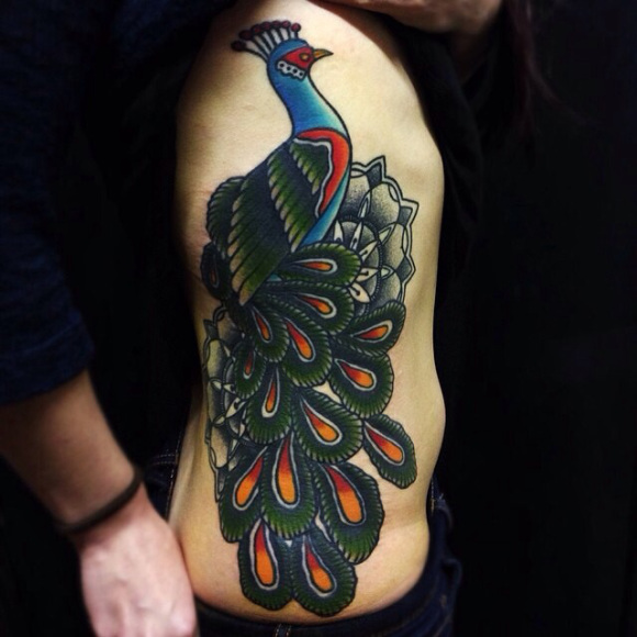 Belly Side Old School Peacock tattoo by Matt Cooley