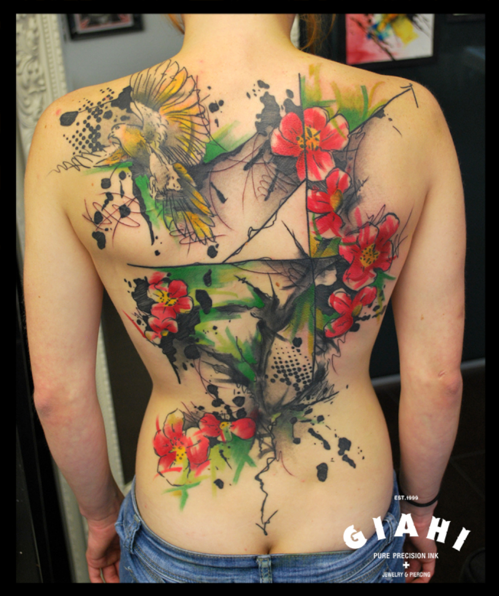 Bird Red Flowers and Tree tattoo by Live Two