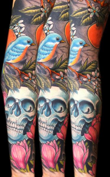 Bird Scull and Lotus tattoo sleeve by Three Kings Tattoo