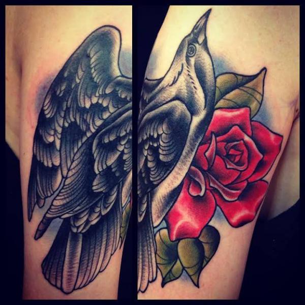 Bird and Rose tattoo by Sarah B Bolen