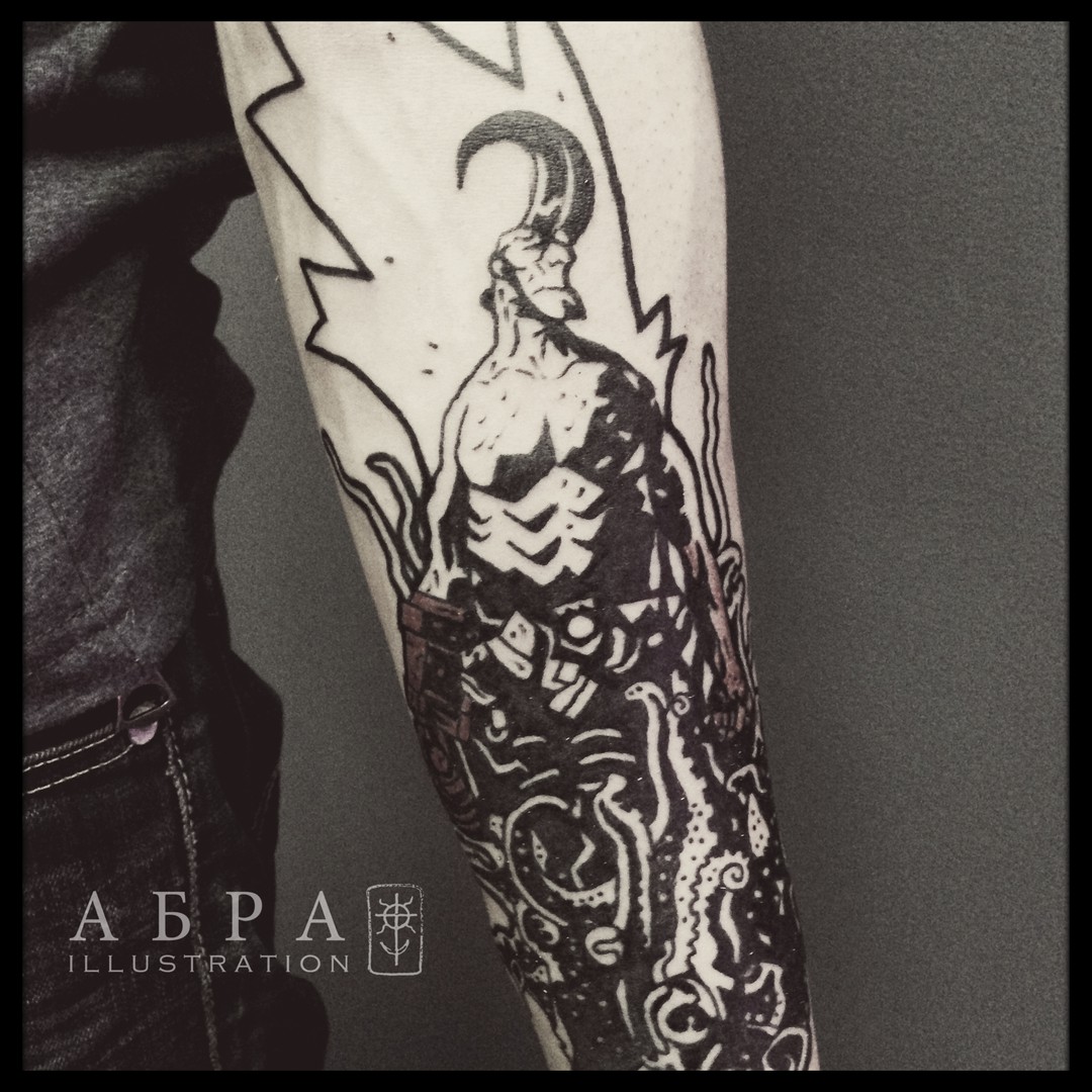 Blackwork Hellboy tattoo by Abra Black