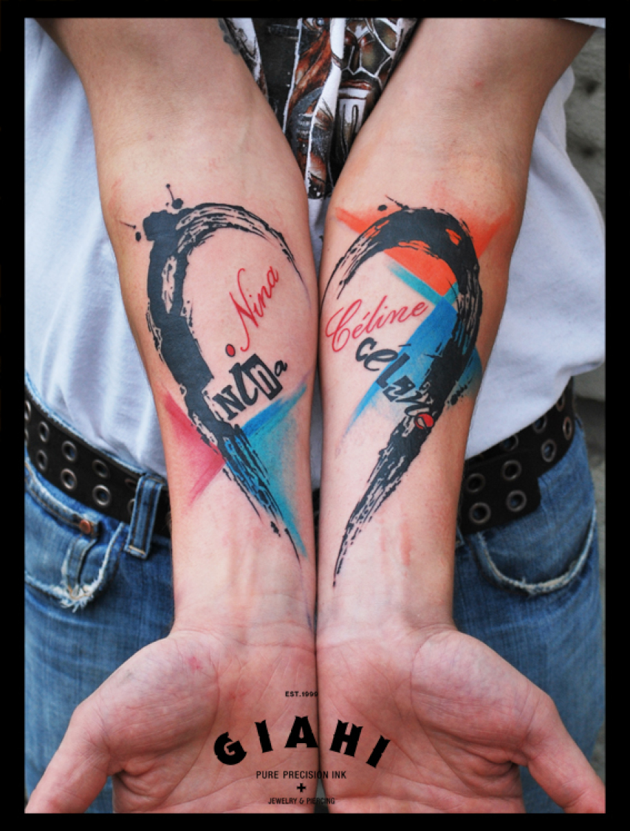 Both Hands Named Heart Trash Polka tattoo by Live Two