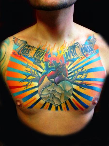 Burning Heart This Too will Pass Lettering tattoo by Transcend Tattoo on Chest