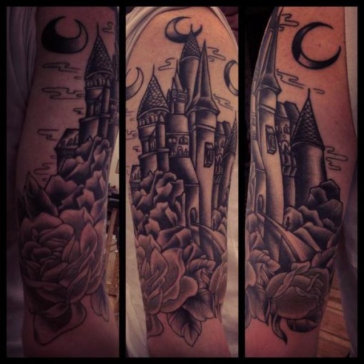 Castle Under Moon Blackwork tattoo by Sarah B Bolen | Best Tattoo Ideas ...