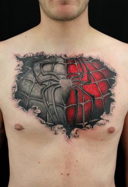 Chest Grey and Real Spiderman tattoo by Skin Deep Art
