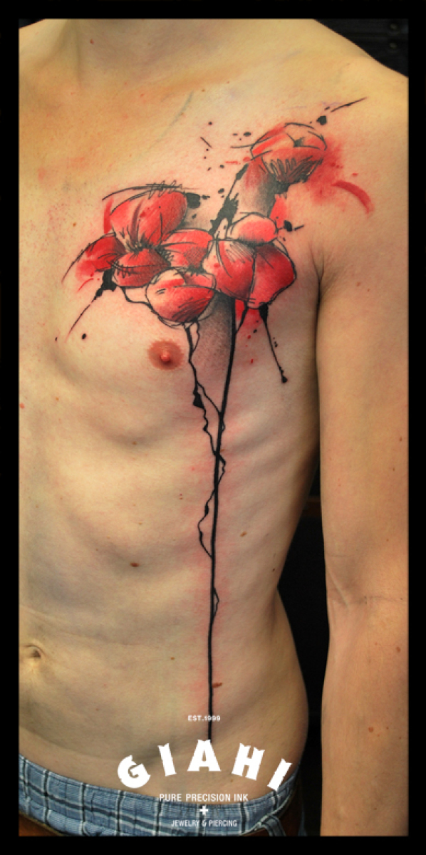 Chest Red Flowers Aquarelle tattoo by Live Two