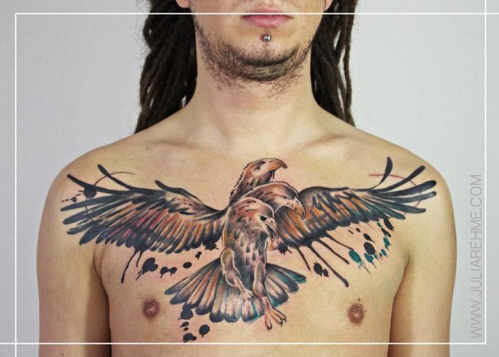 Chest Three Head Eagle Aquarelle tattoo by Julia Rehme