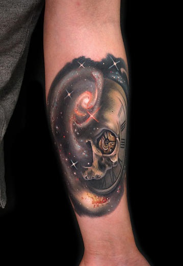 Clock Galaxy Skull tattoo by Andres Acosta