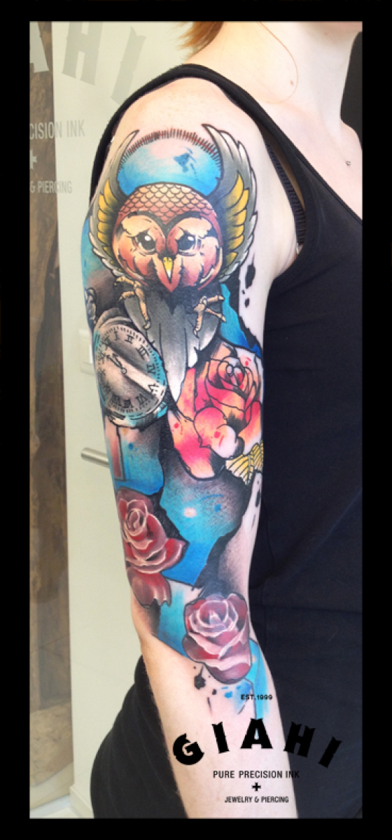 Clock Roses and Owl tattoo by Live Two